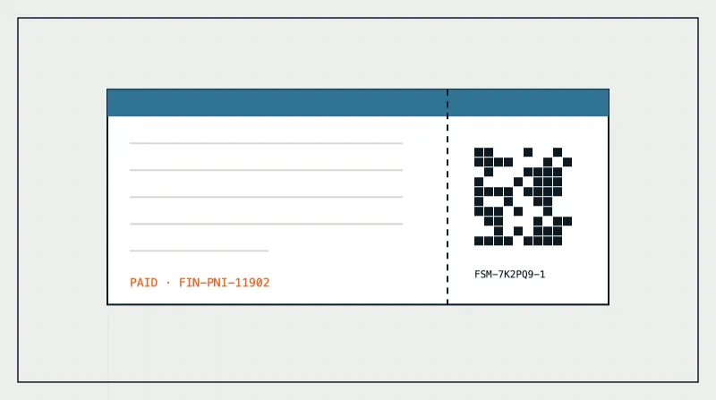 Biglietto in formato carta d'imbarco con codice QR, pagato con numero di ricevuta